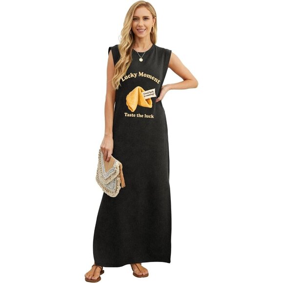 Grecerelle Women Fortune Round Neck Loose Split Wrinkle-Free Long Maxi Dress - Picture 4 of 6